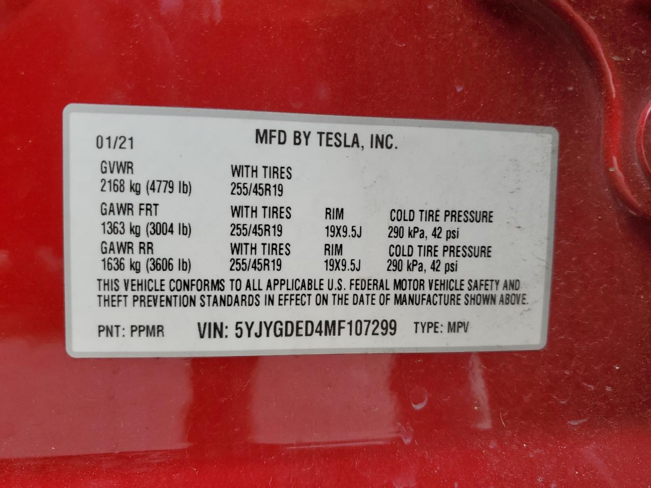 5YJYGDED4MF107299 2021 Tesla Model Y