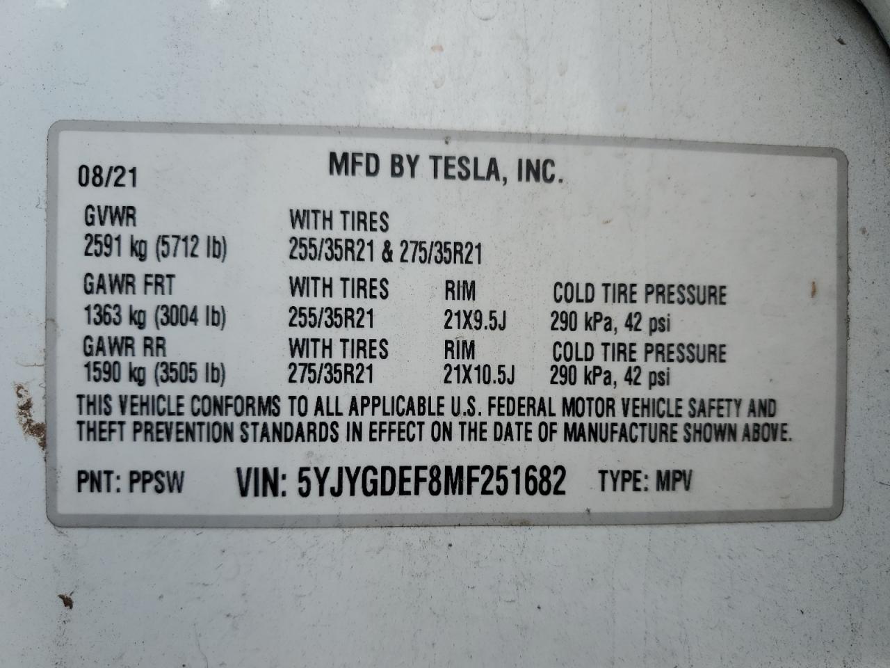 2021 Tesla Model Y VIN: 5YJYGDEF8MF251682 Lot: 58614674