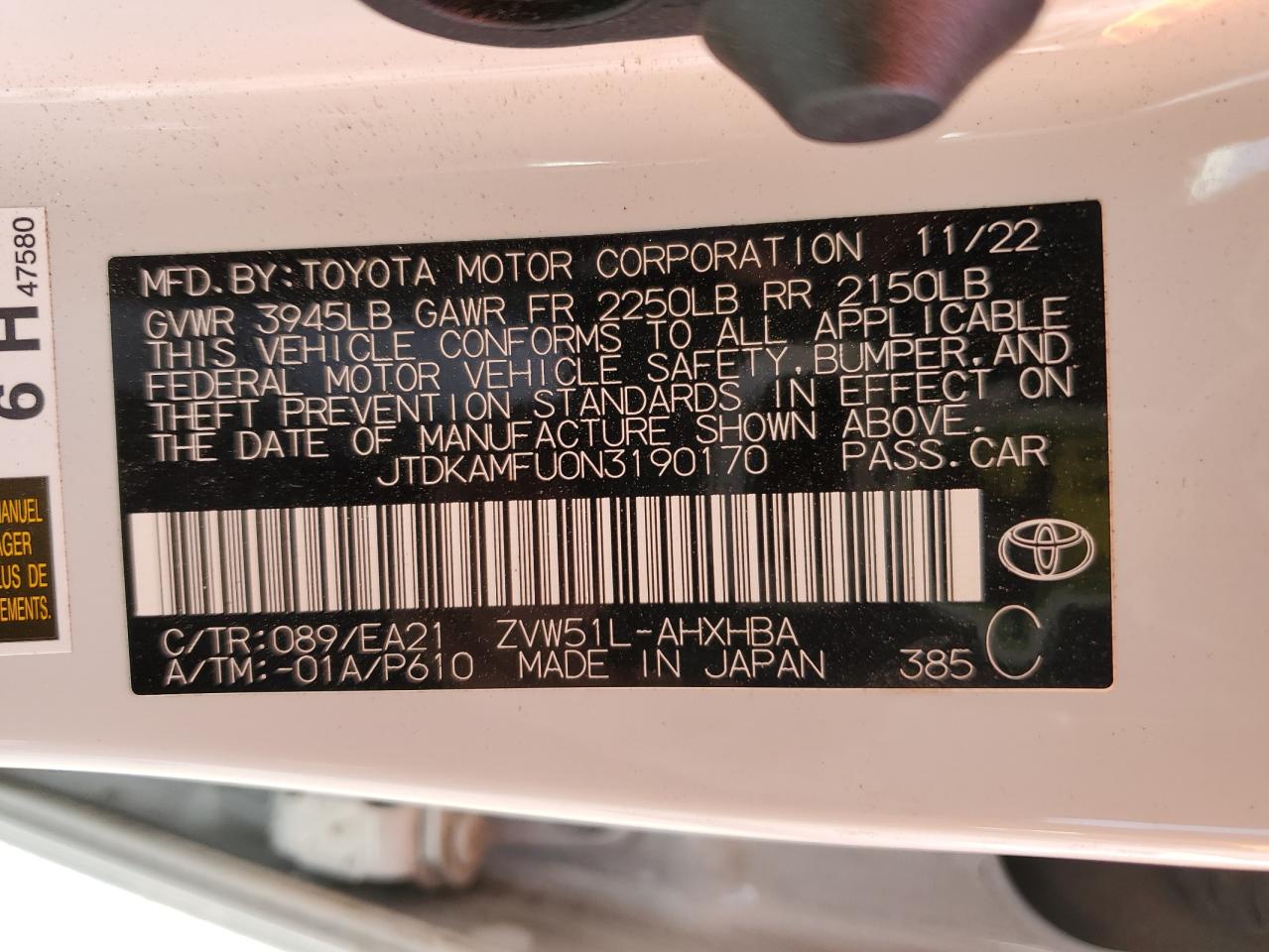 2022 Toyota Prius Night Shade VIN: JTDKAMFU0N3190170 Lot: 58868014