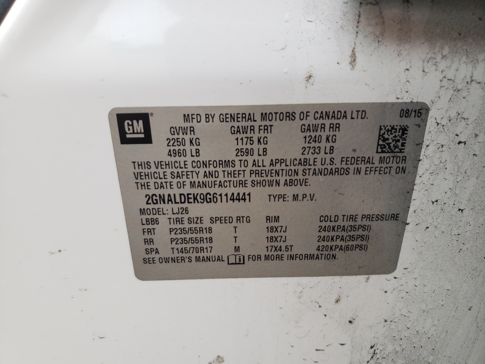 2GNALDEK9G6114441 2016 Chevrolet Equinox Ltz