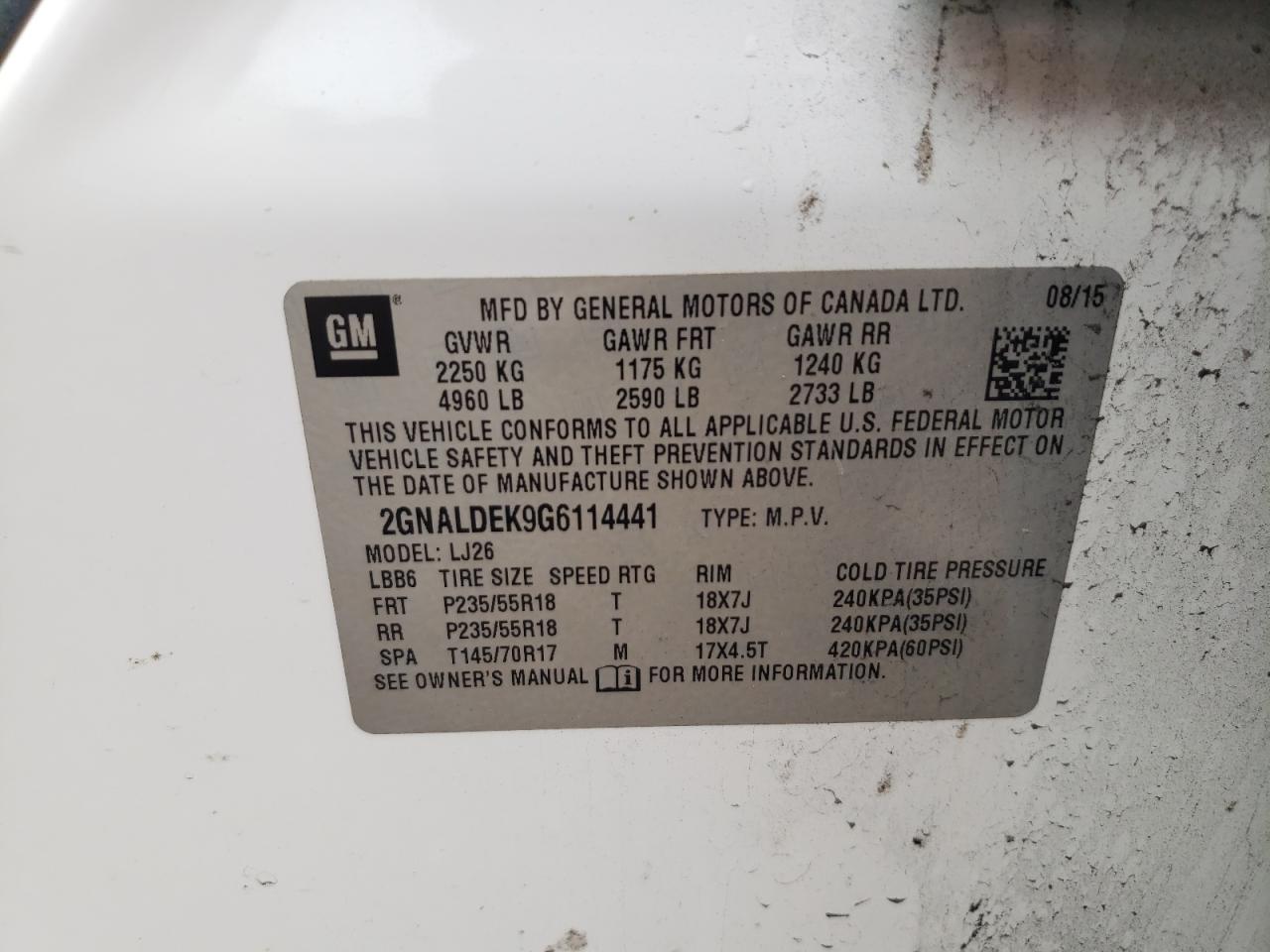 2016 Chevrolet Equinox Ltz VIN: 2GNALDEK9G6114441 Lot: 59778734