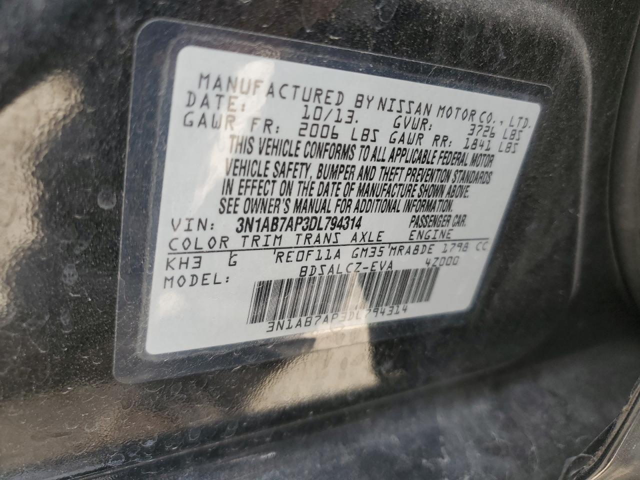 3N1AB7AP3DL794314 2013 Nissan Sentra S