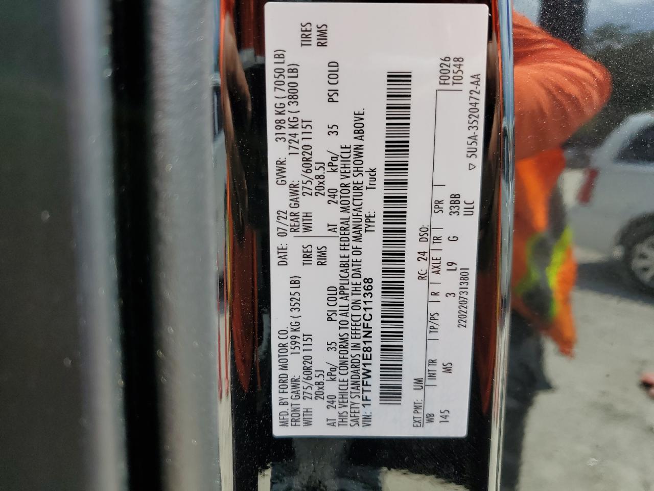 2022 Ford F150 Supercrew VIN: 1FTFW1E81NFC11368 Lot: 55333434