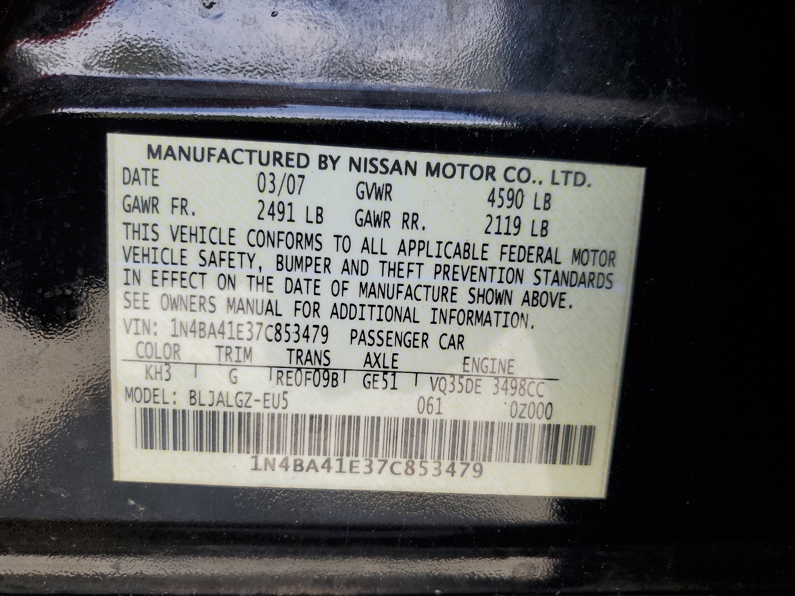 1N4BA41E37C853479 2007 Nissan Maxima Se