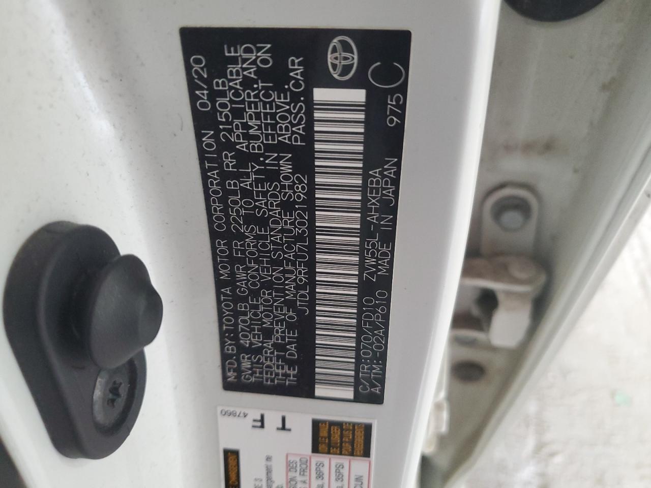 2020 Toyota Prius Le VIN: JTDL9RFU7L3021982 Lot: 59832544