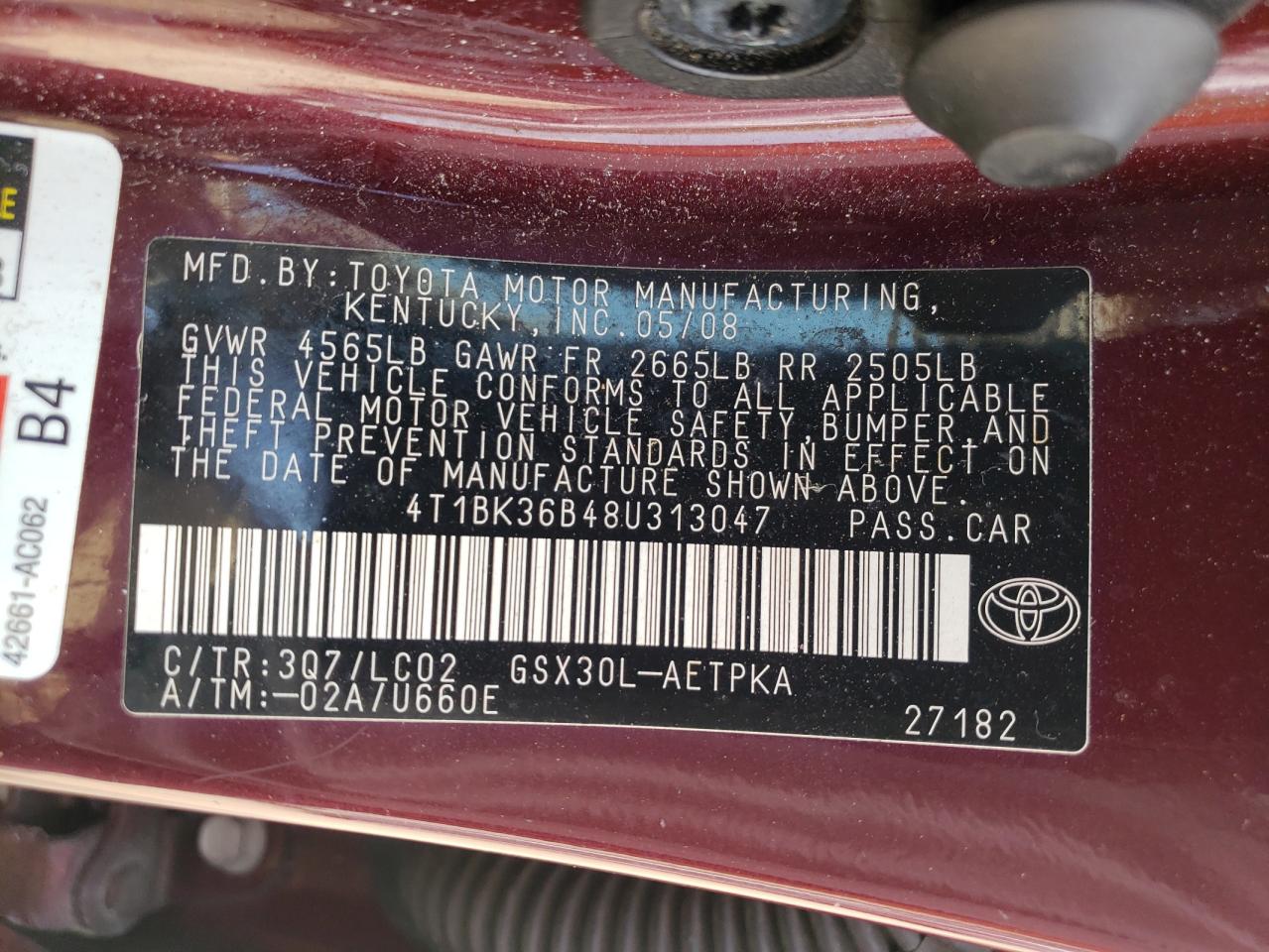 2008 Toyota Avalon Xl VIN: 4T1BK36B48U313047 Lot: 58897864