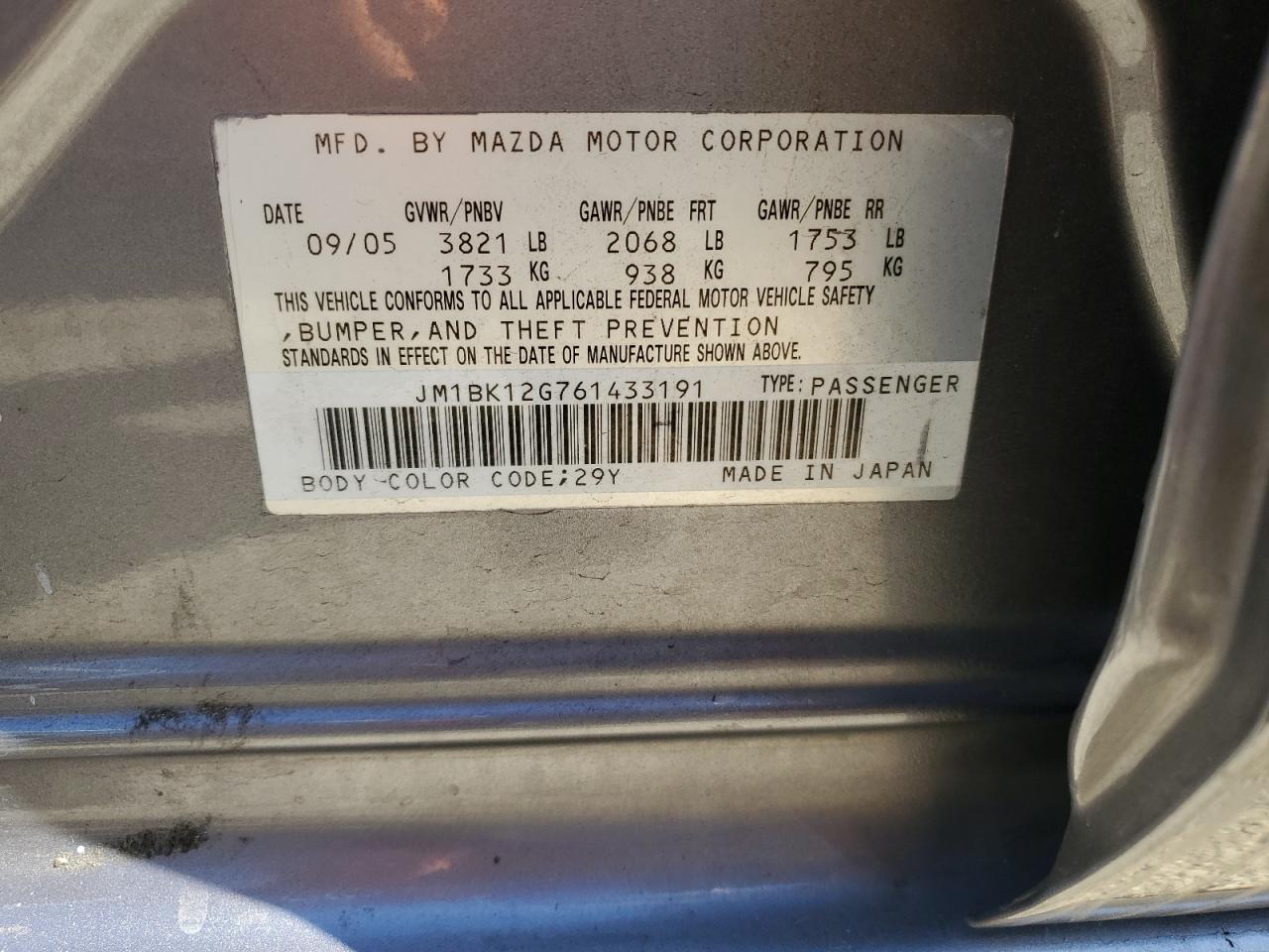 2006 Mazda 3 I VIN: JM1BK12G761433191 Lot: 61167024