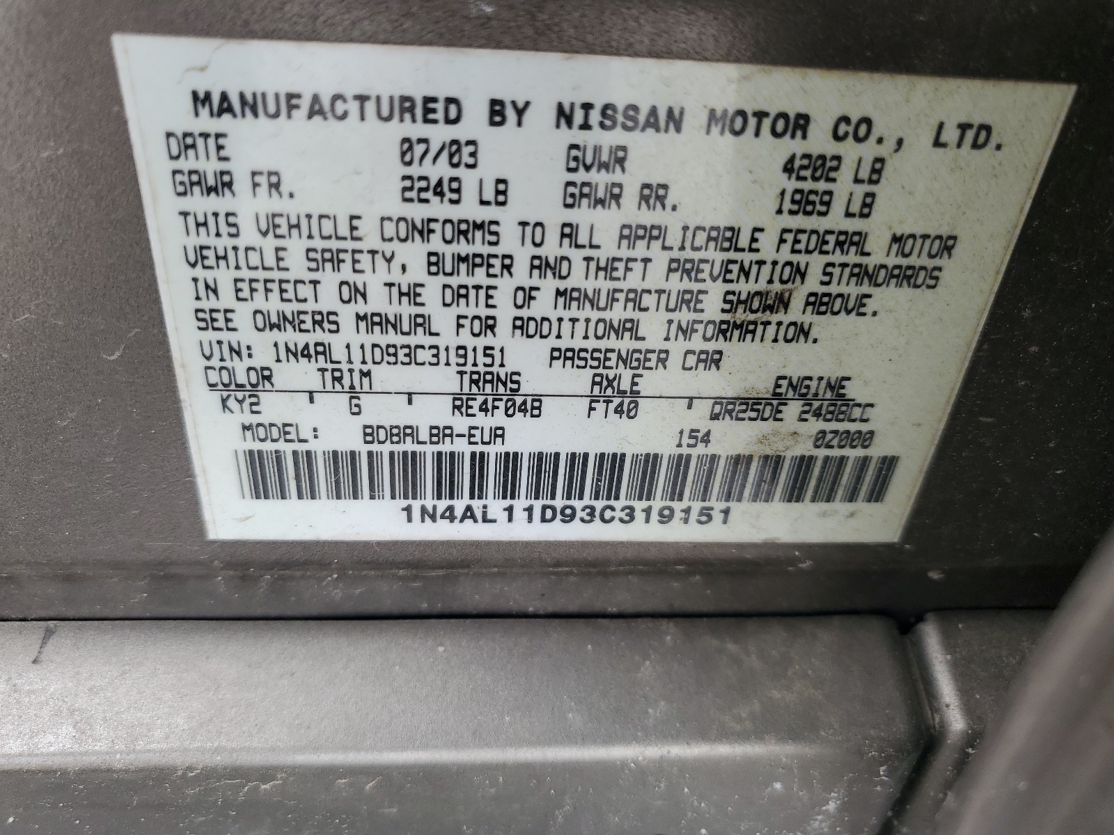 1N4AL11D93C319151 2003 Nissan Altima Base