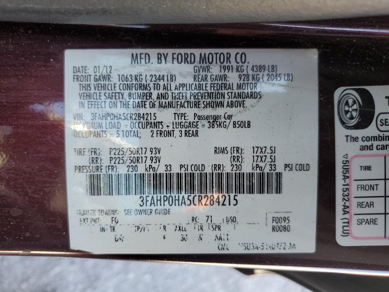 2012 Ford Fusion Se VIN: 3FAHP0HA5CR284215 Lot: 60519534