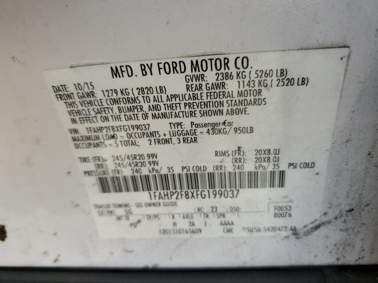 2015 Ford Taurus Limited VIN: 1FAHP2F8XFG199037 Lot: 59435884