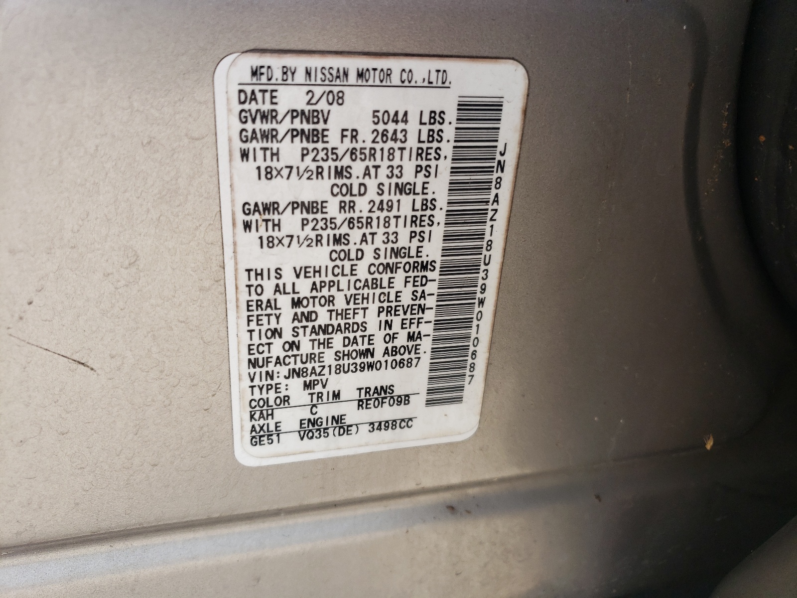 JN8AZ18U39W010687 2009 Nissan Murano S