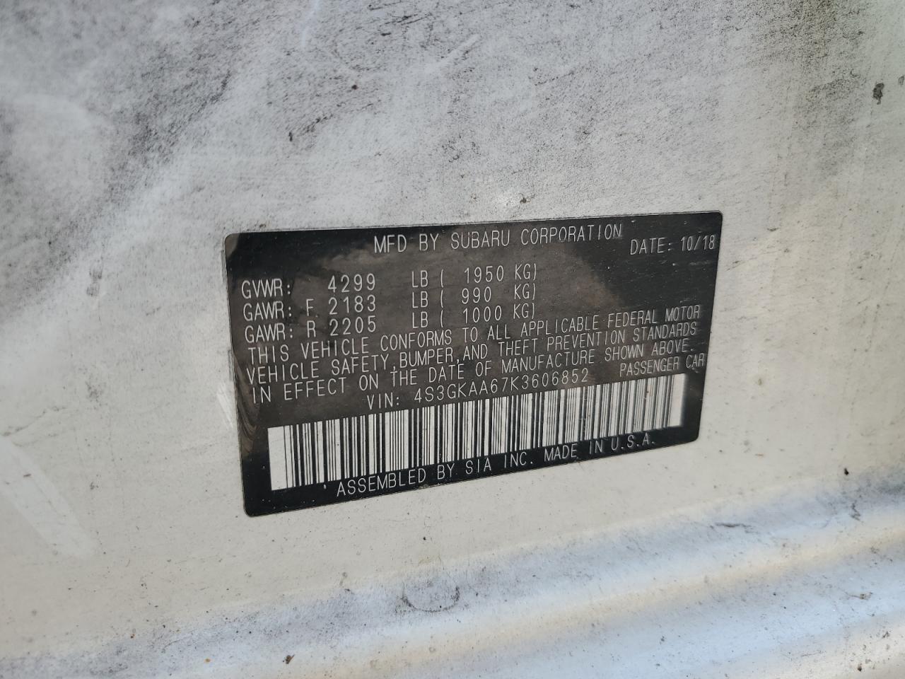2019 Subaru Impreza VIN: 4S3GKAA67K3606852 Lot: 57799794