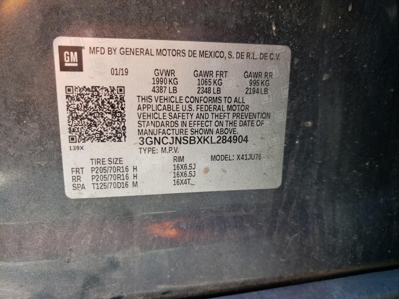 2019 Chevrolet Trax Ls VIN: 3GNCJNSBXKL284904 Lot: 57654214