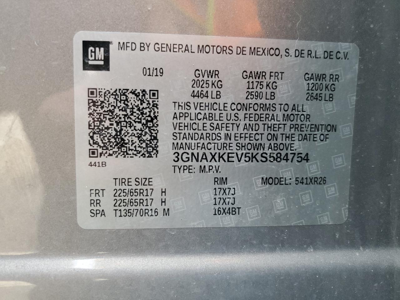 2019 Chevrolet Equinox Lt VIN: 3GNAXKEV5KS584754 Lot: 59325024