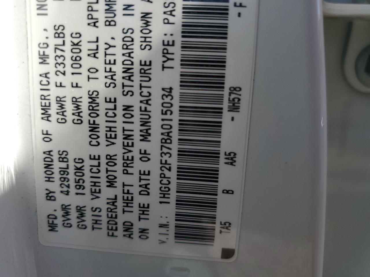 2011 Honda Accord Lx VIN: 1HGCP2F37BA015034 Lot: 55837864