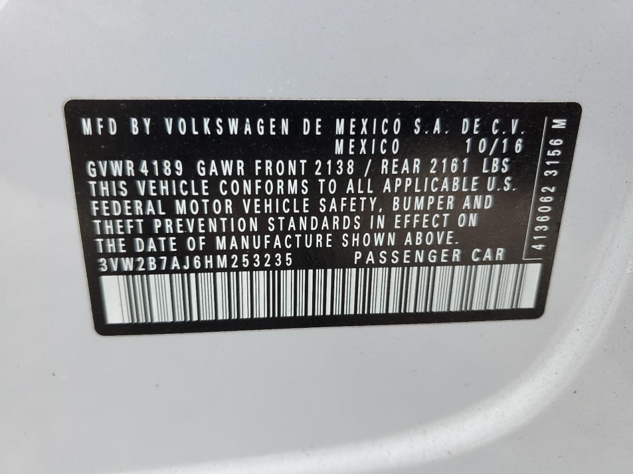 2017 Volkswagen Jetta S VIN: 3VW2B7AJ6HM253235 Lot: 60756454