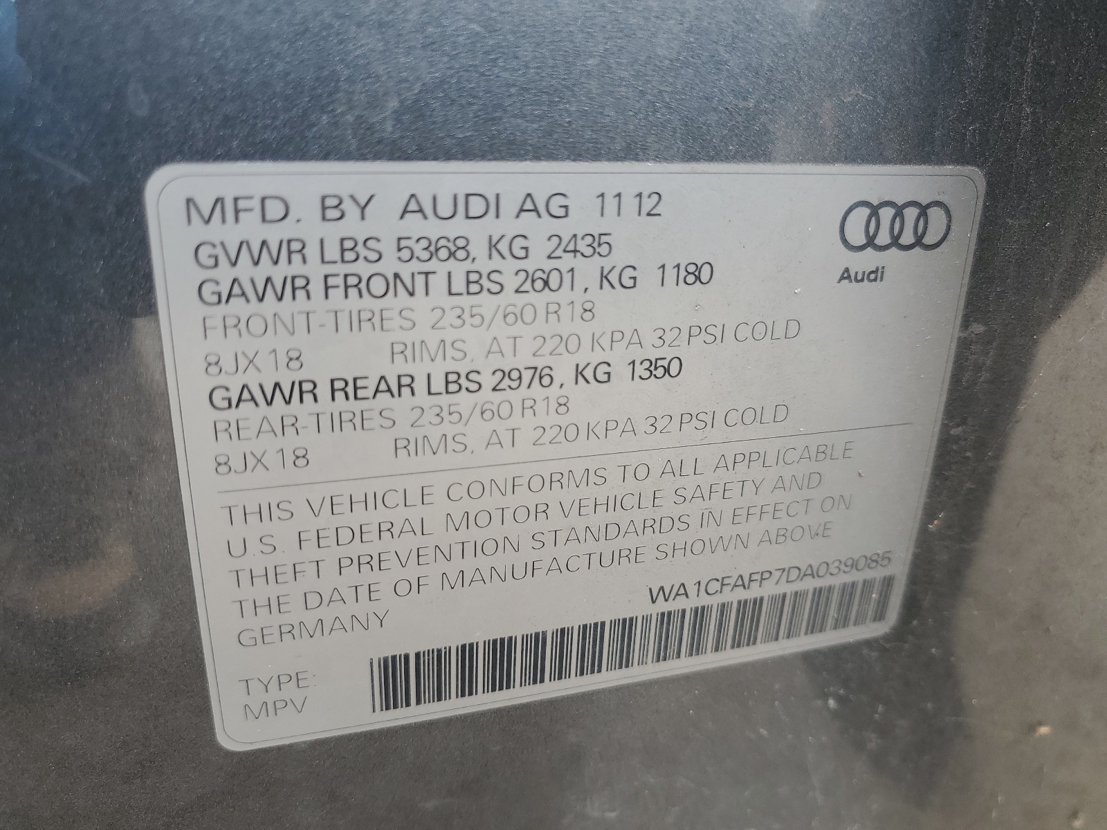 WA1CFAFP7DA039085 2013 Audi Q5 Premium