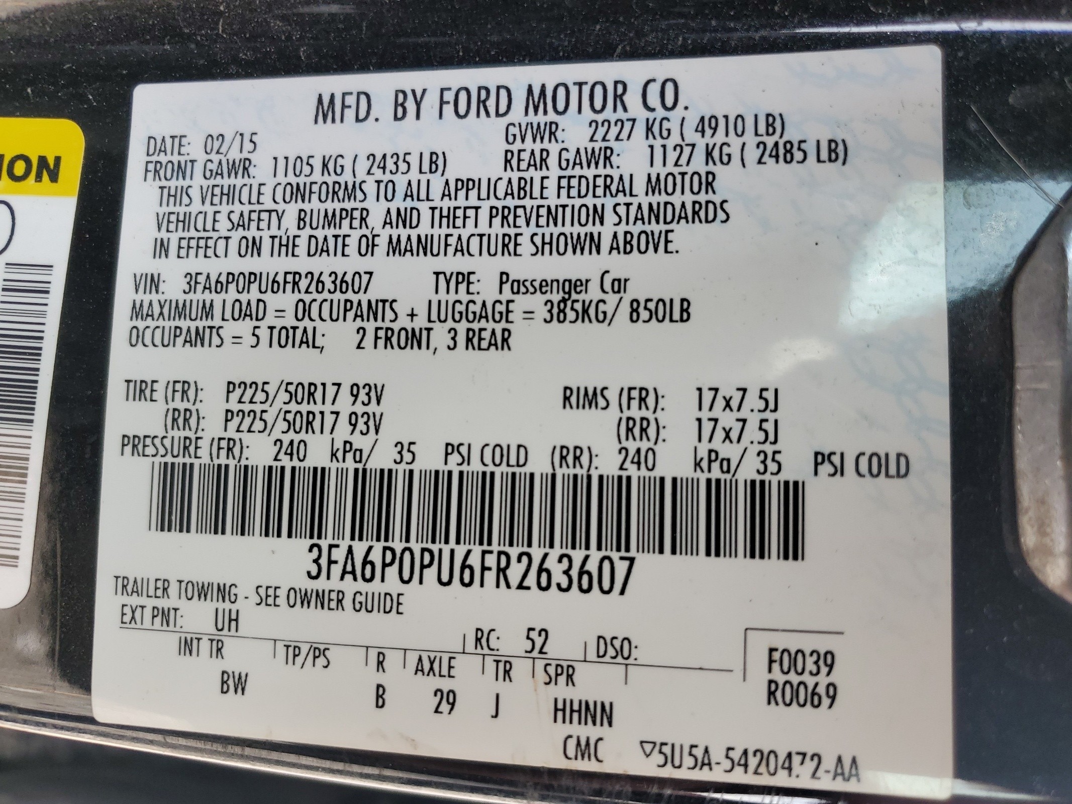 3FA6P0PU6FR263607 2015 Ford Fusion Se Phev