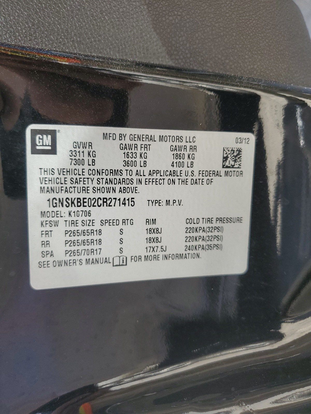 1GNSKBE02CR271415 2012 Chevrolet Tahoe K1500 Lt