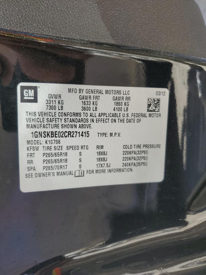 2012 Chevrolet Tahoe K1500 Lt VIN: 1GNSKBE02CR271415 Lot: 60694764