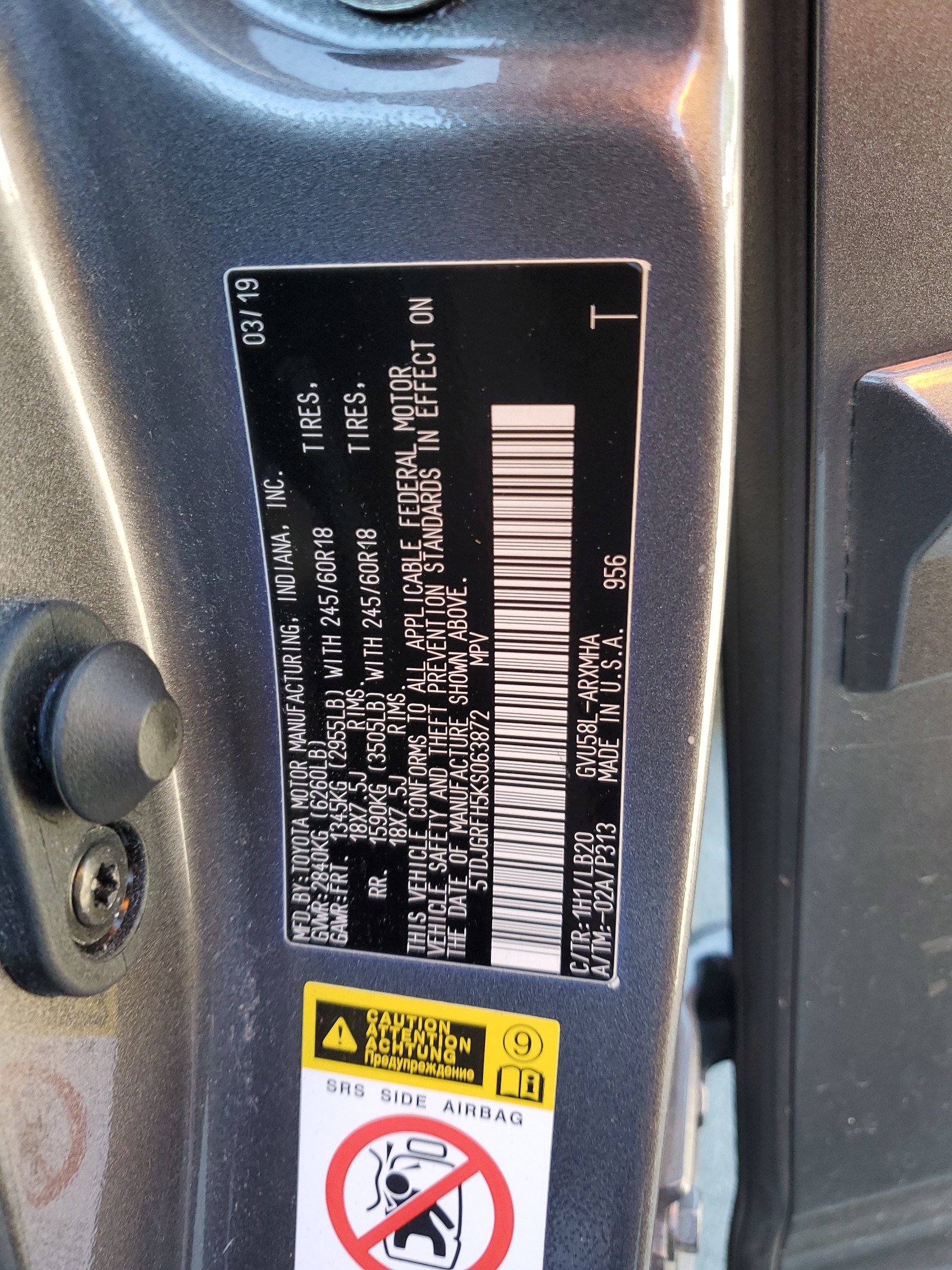 5TDJGRFH5KS063872 2019 Toyota Highlander Hybrid