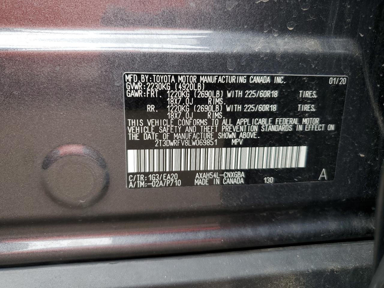 2020 Toyota Rav4 Limited VIN: 2T3DWRFV8LW069851 Lot: 58654564