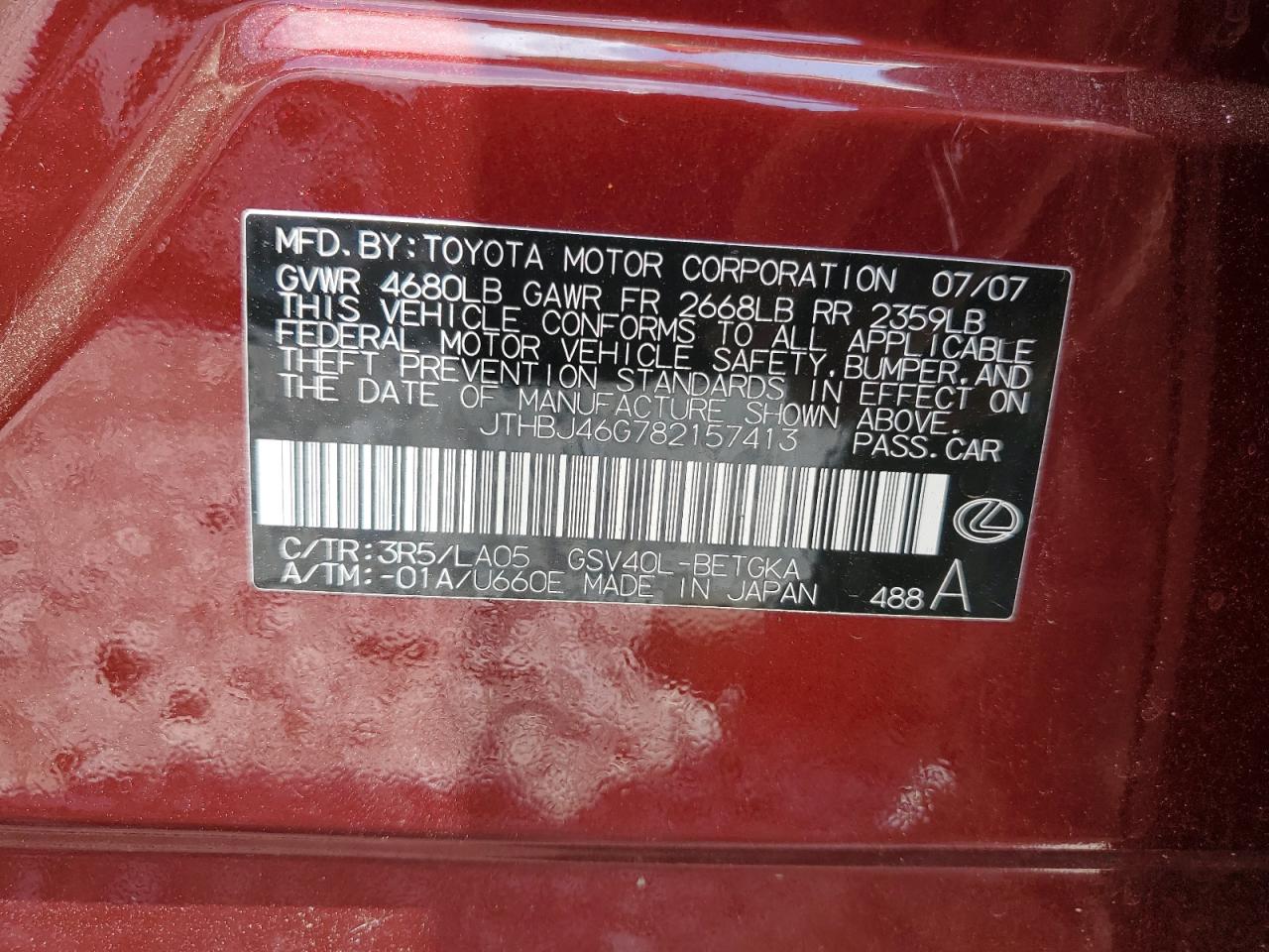 JTHBJ46G782157413 2008 Lexus Es 350