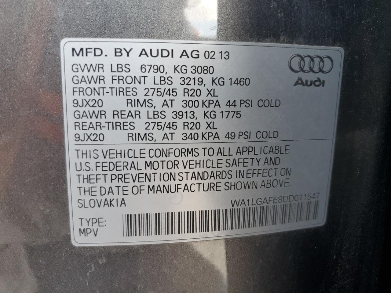 2013 Audi Q7 Premium Plus VIN: WA1LGAFE8DD011547 Lot: 60068444