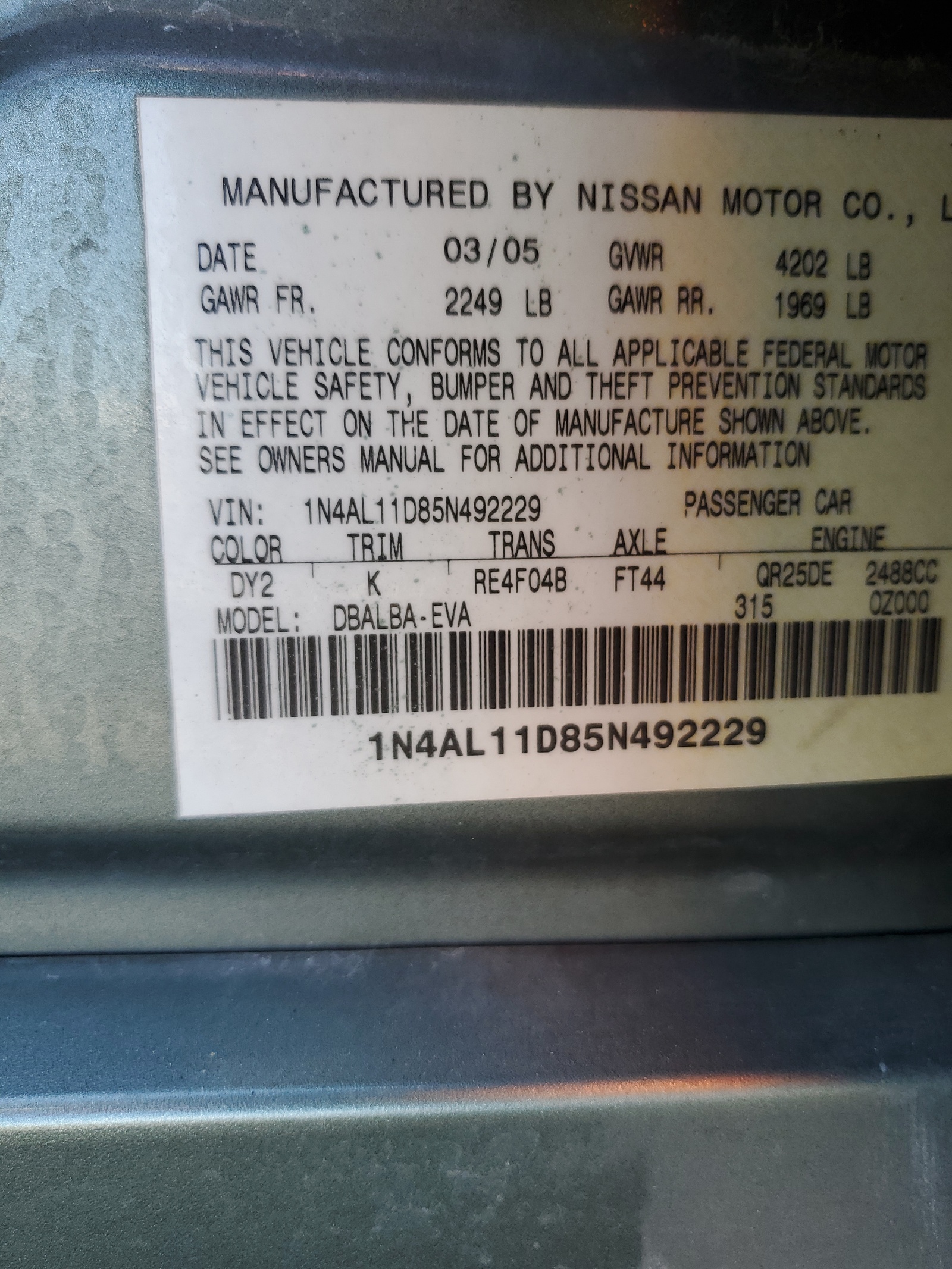 1N4AL11D85N492229 2005 Nissan Altima S
