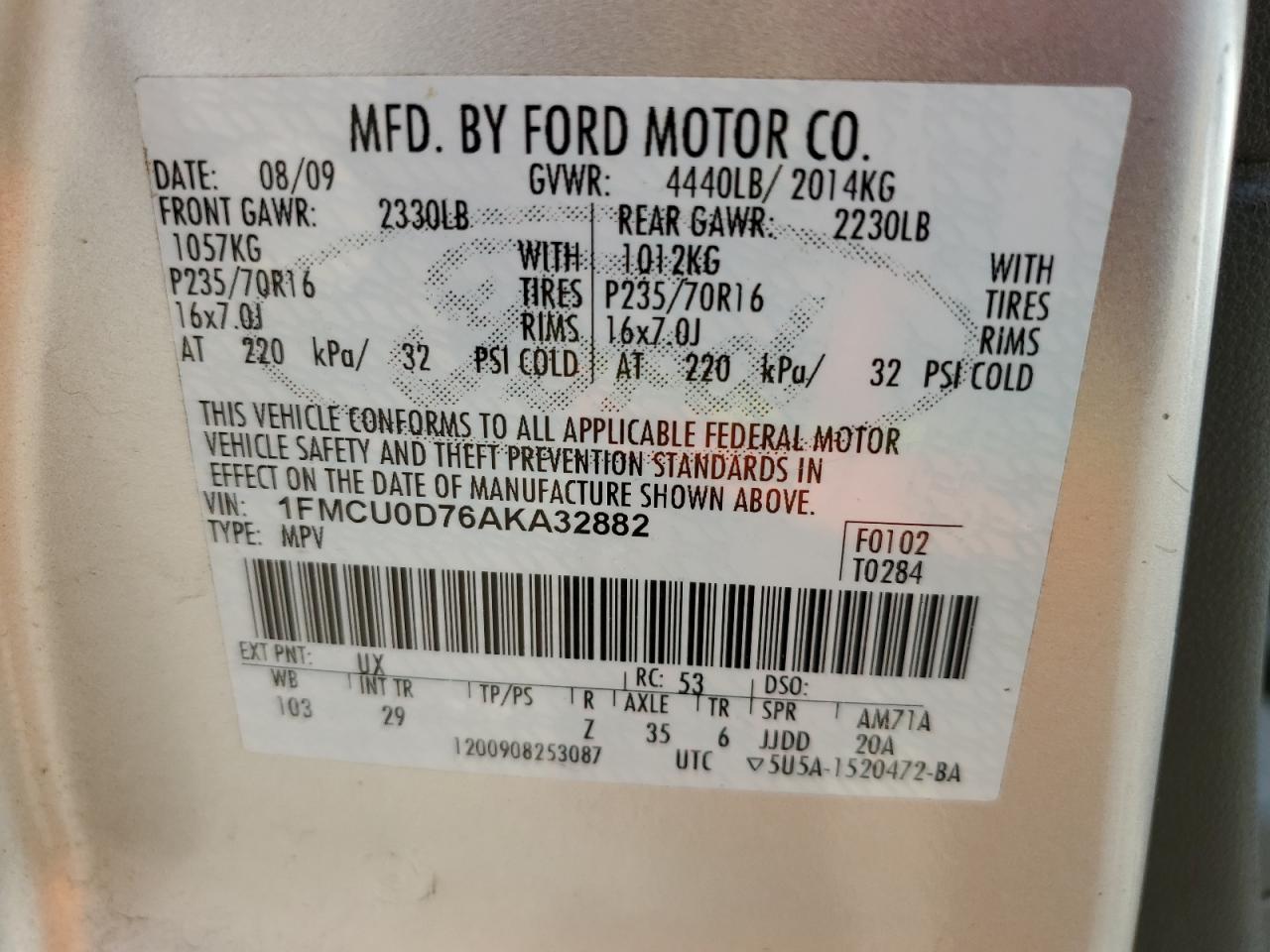 2010 Ford Escape Xlt VIN: 1FMCU0D76AKA32882 Lot: 60281704