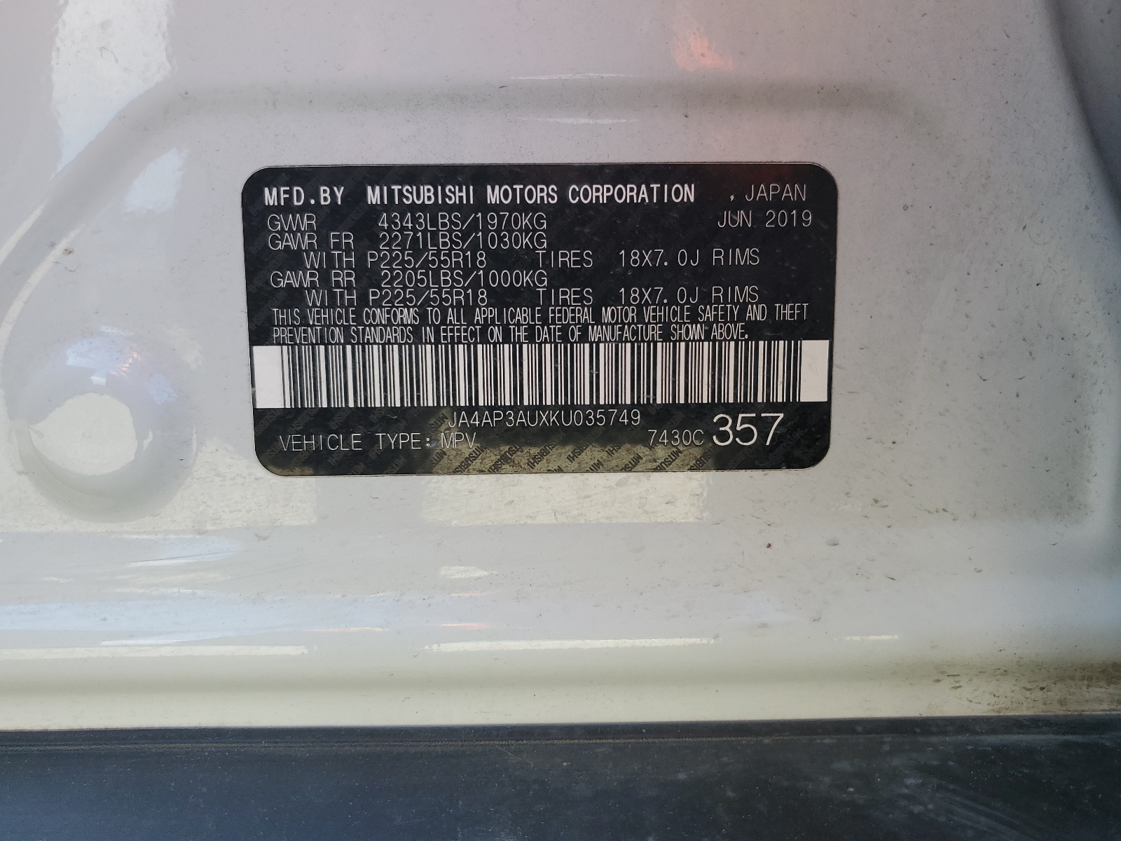 JA4AP3AUXKU035749 2019 Mitsubishi Outlander Sport Es