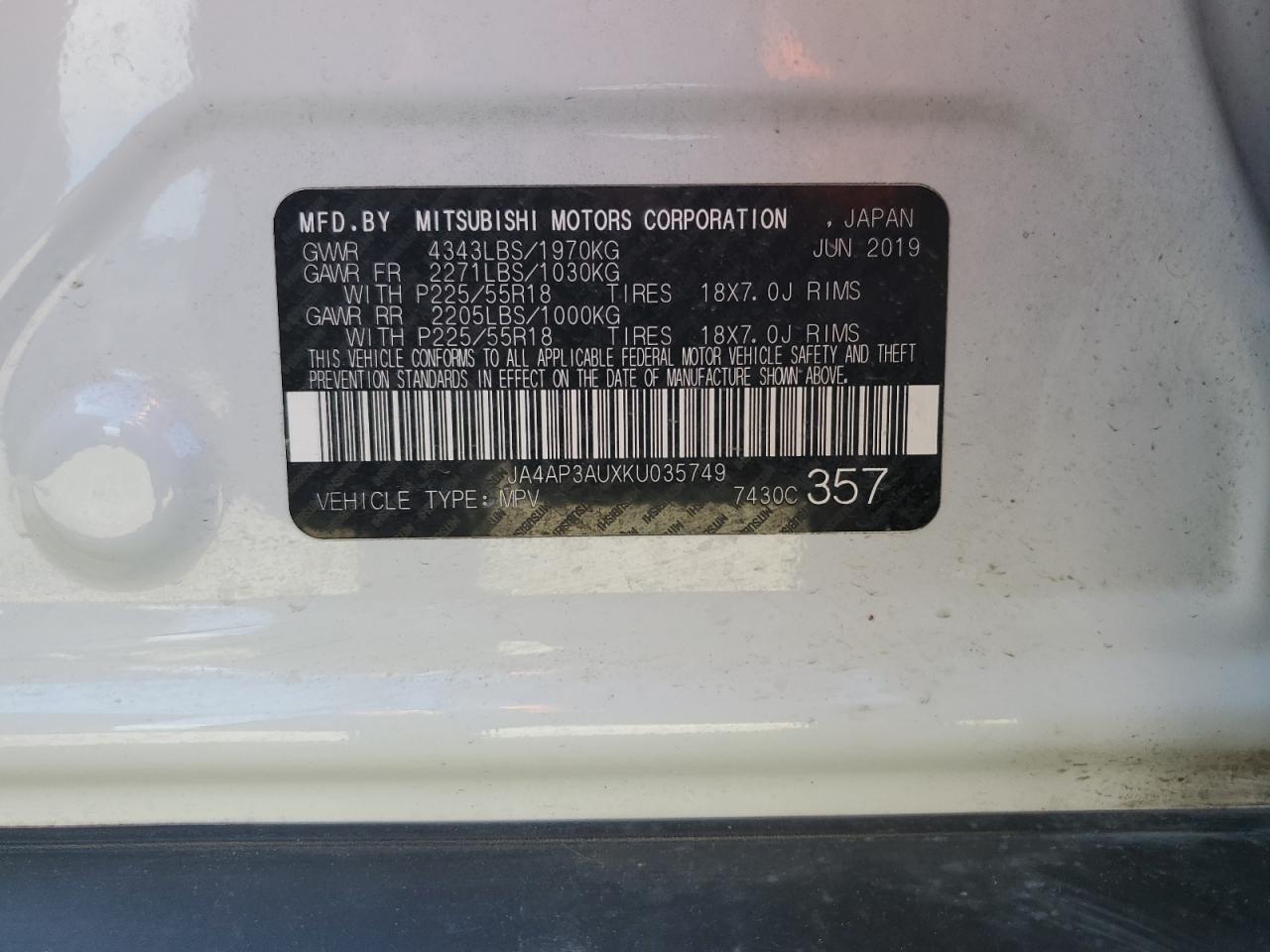 2019 Mitsubishi Outlander Sport Es VIN: JA4AP3AUXKU035749 Lot: 58156644