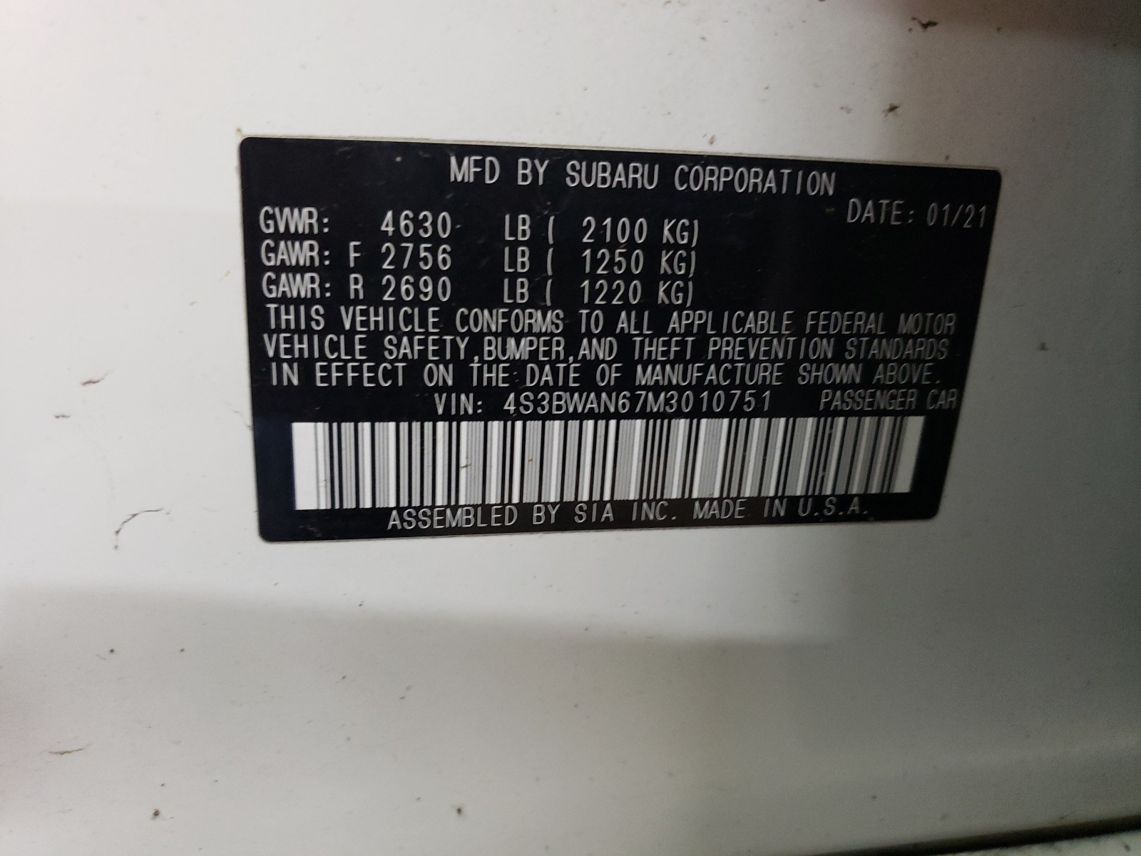 4S3BWAN67M3010751 2021 Subaru Legacy Limited