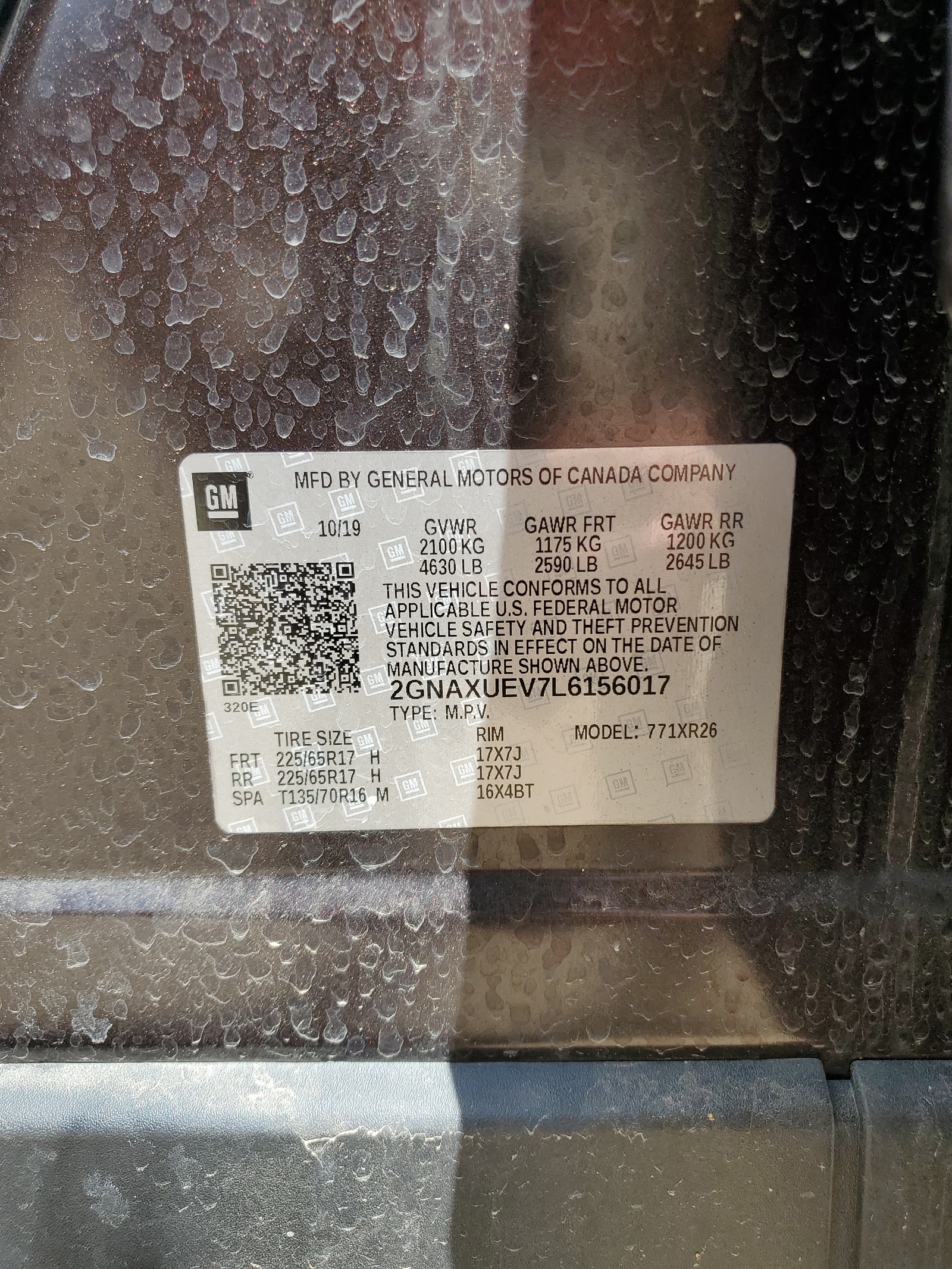 2GNAXUEV7L6156017 2020 Chevrolet Equinox Lt