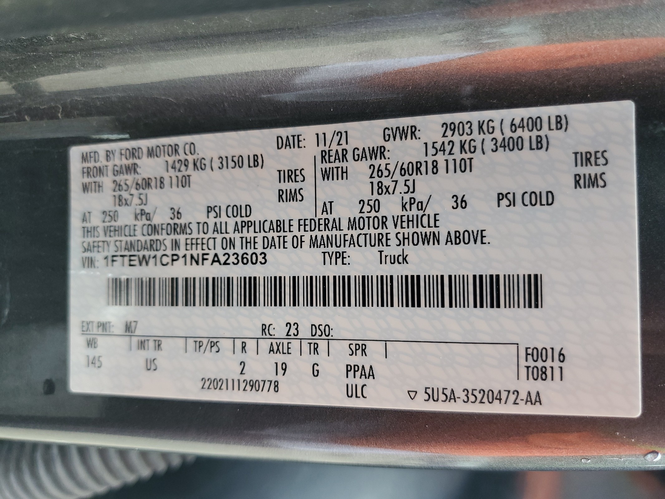 1FTEW1CP1NFA23603 2022 Ford F150 Supercrew