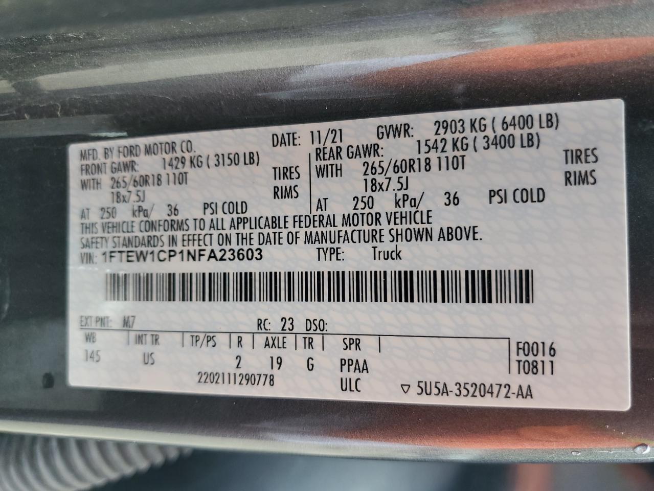 2022 Ford F150 Supercrew VIN: 1FTEW1CP1NFA23603 Lot: 59674104