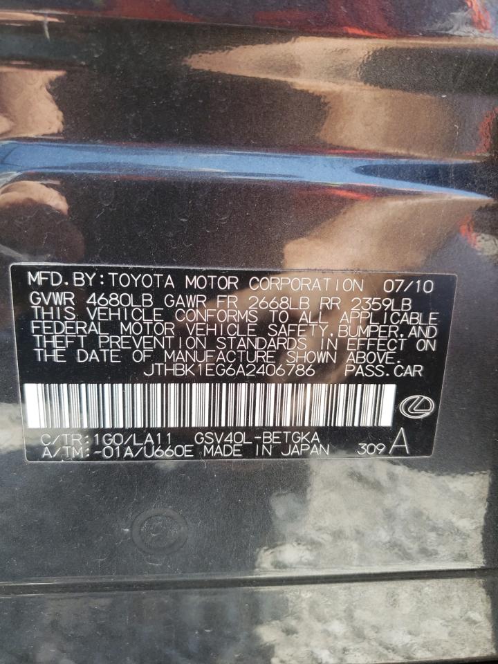 2010 Lexus Es 350 VIN: JTHBK1EG6A2406786 Lot: 59342044