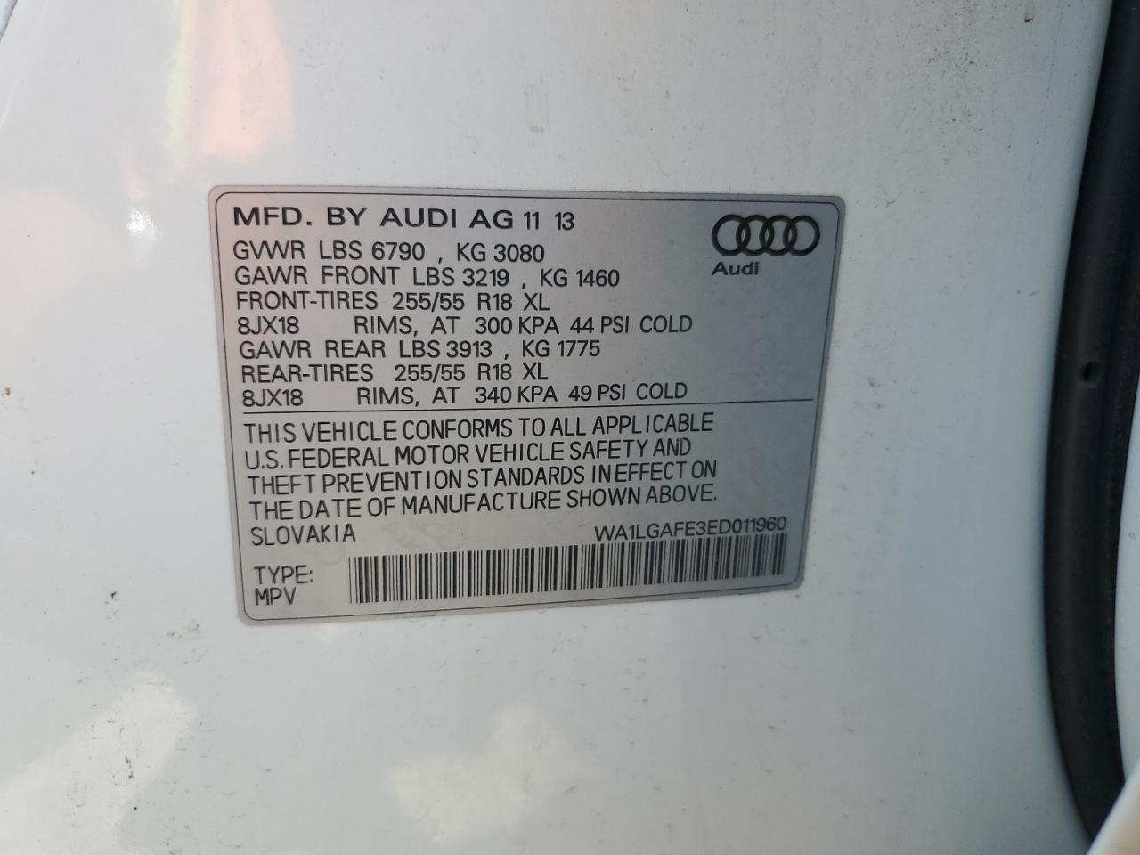 2014 Audi Q7 Premium Plus VIN: WA1LGAFE3ED011960 Lot: 59519644