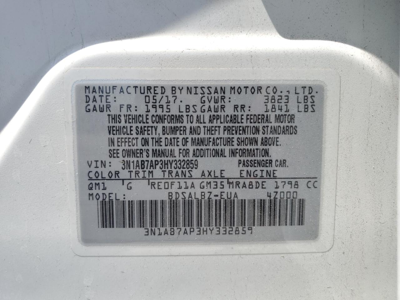 2017 Nissan Sentra S VIN: 3N1AB7AP3HY332859 Lot: 57585014