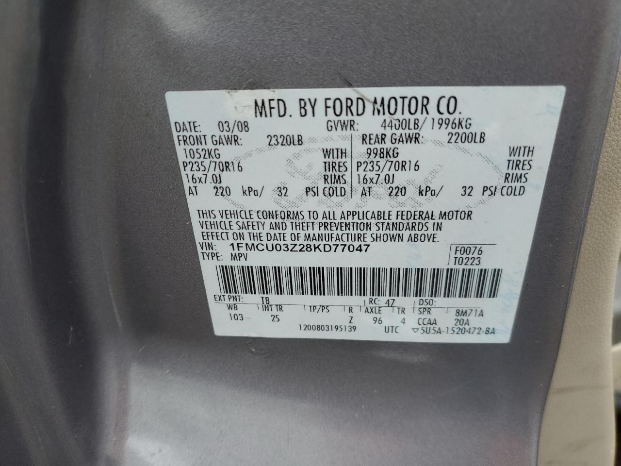 2008 Ford Escape Xlt VIN: 1FMCU03Z28KD77047 Lot: 60412944