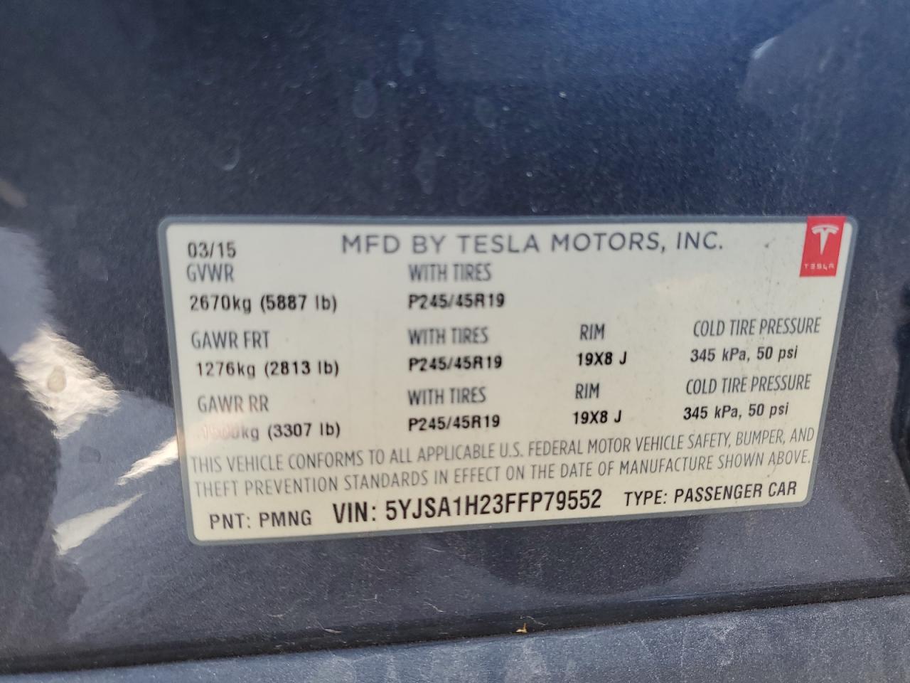 2015 Tesla Model S 85D VIN: 5YJSA1H23FFP79552 Lot: 60088584