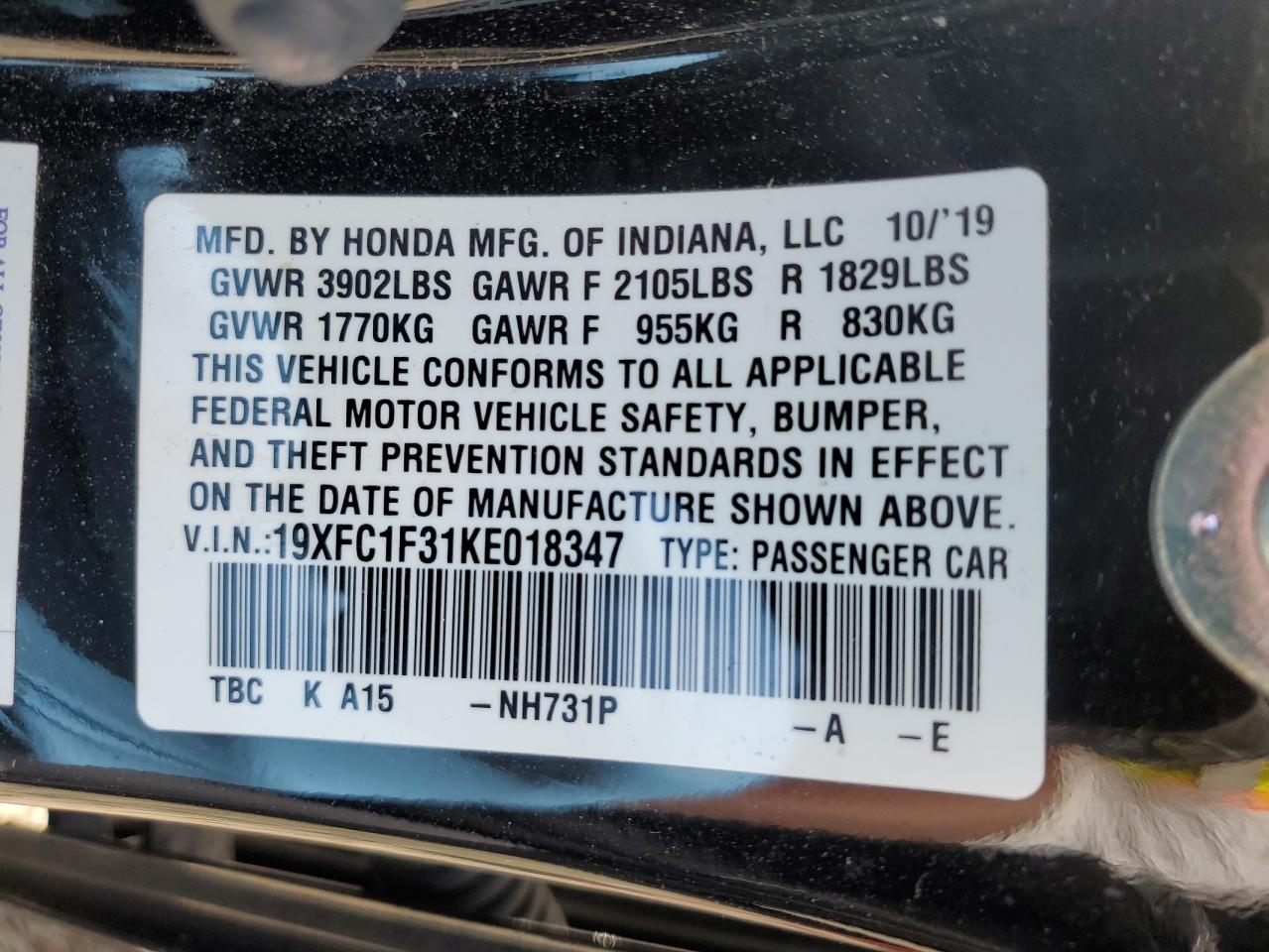 19XFC1F31KE018347 2019 Honda Civic Ex