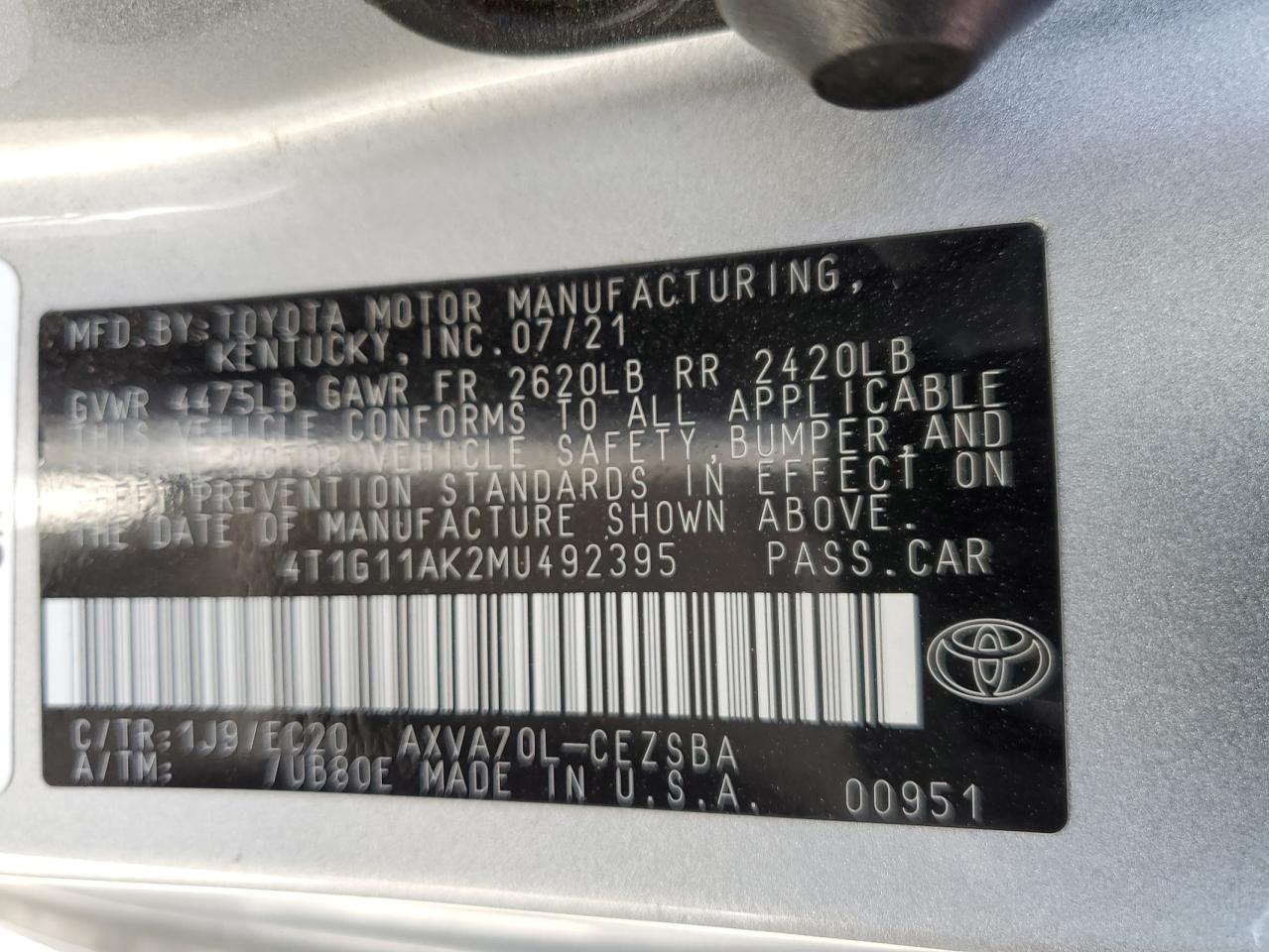 4T1G11AK2MU492395 2021 Toyota Camry Se