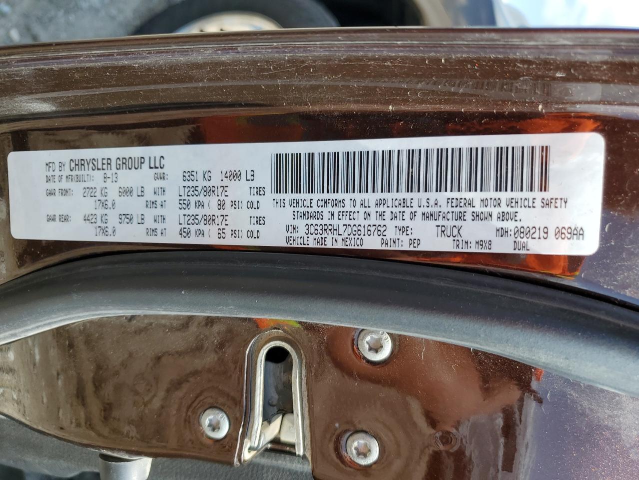 2013 Ram 3500 Slt VIN: 3C63RRHL7DG616762 Lot: 59472664