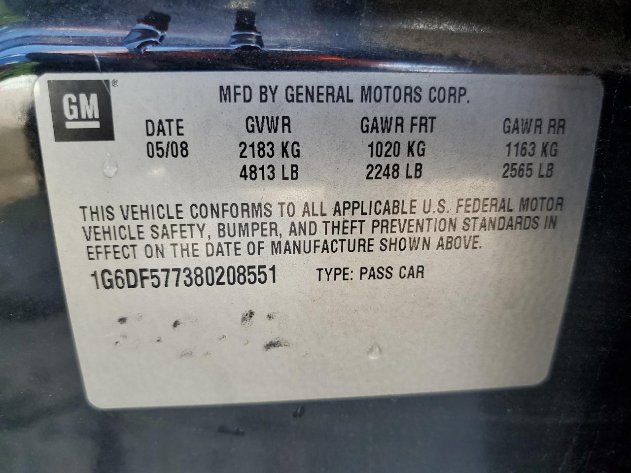 2008 Cadillac Cts VIN: 1G6DF577380208551 Lot: 60168434