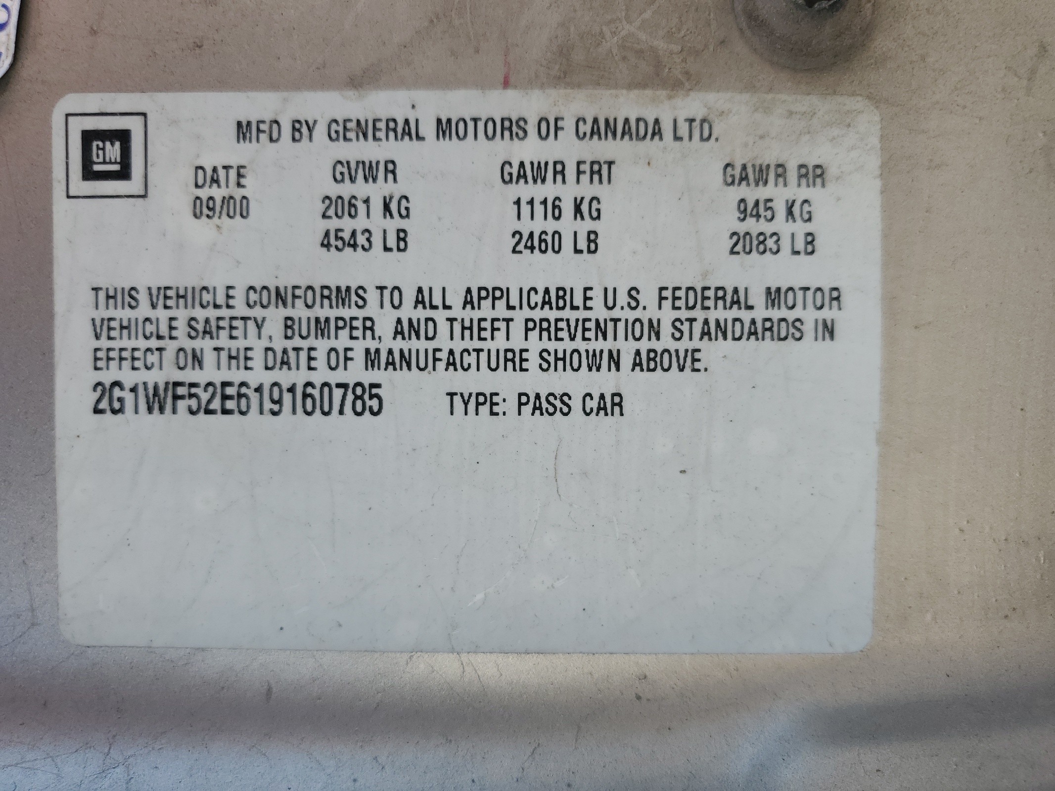 2G1WF52E619160785 2001 Chevrolet Impala