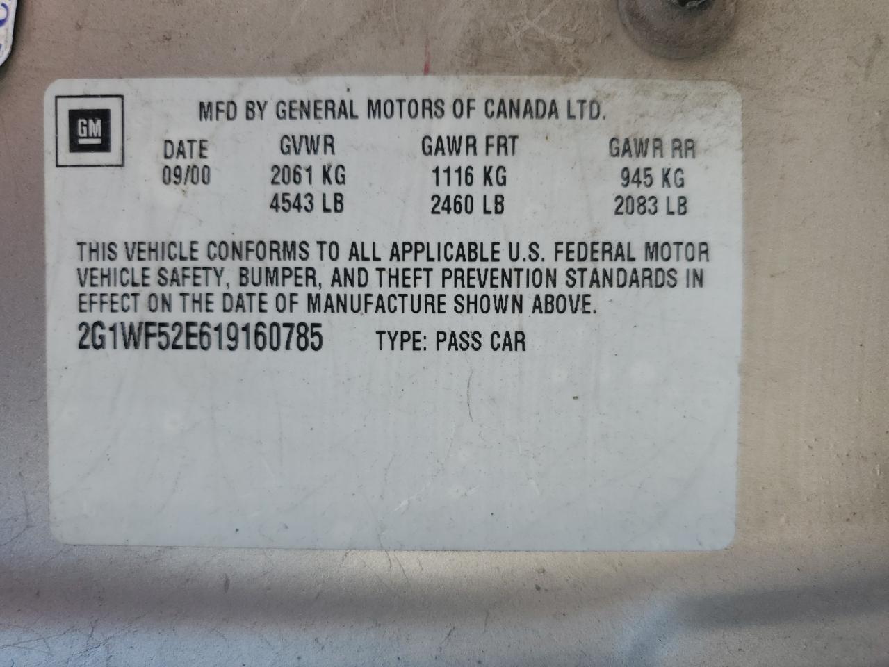 2001 Chevrolet Impala VIN: 2G1WF52E619160785 Lot: 58271744