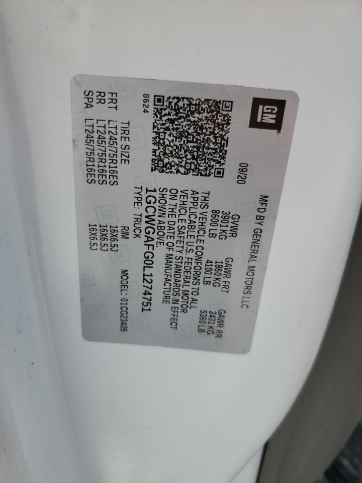 2020 Chevrolet Express G2500 VIN: 1GCWGAFG0L1274751 Lot: 60604344