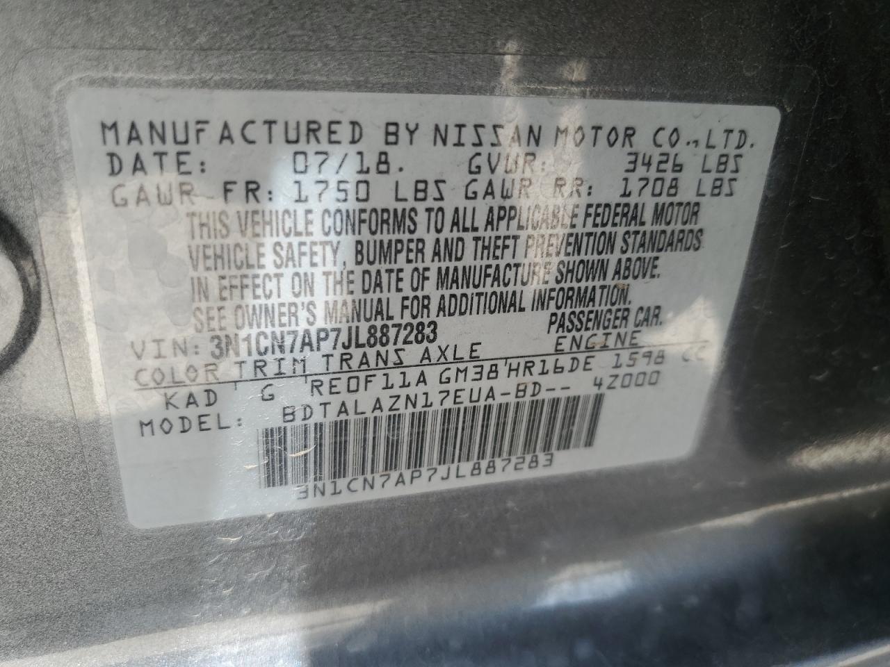 2018 Nissan Versa S VIN: 3N1CN7AP7JL887283 Lot: 57505414