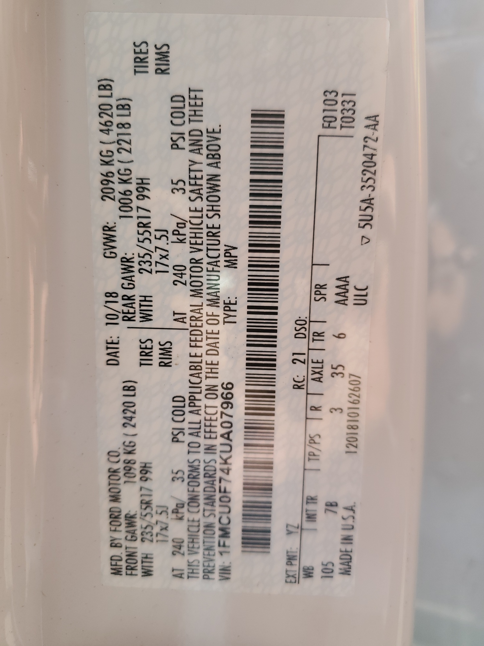 1FMCU0F74KUA07966 2019 Ford Escape S